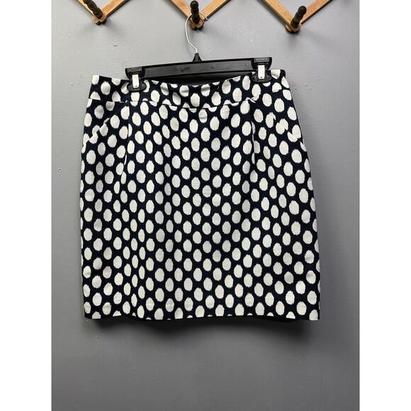Ann Taylor LOFT Skirt Womens 10 Ikat Polka Dot Navy &‎ White Pencil Retro - Picture 1 of 6